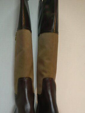 Etienne Aigner Tall Riding Boots Drk Brwn Leather/Tan Canvas, Side Zip, Logo